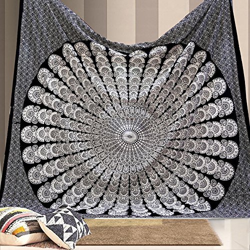 Bless International Indian hippie Bohemian Psychedelic Peacock Mandala Wall hanging Bedding Tapestry (Black White, Queen (84x90Inches)(215x230Cms))