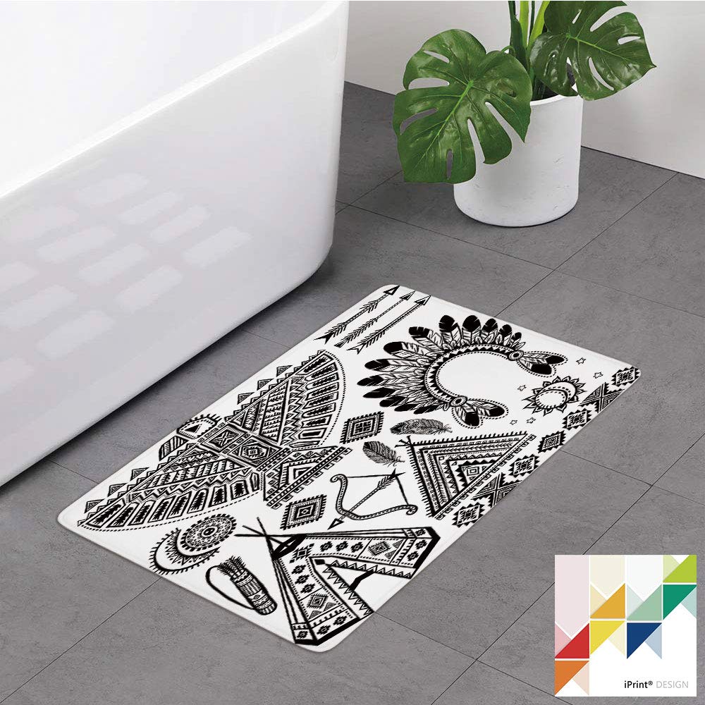№19291 Bathroom Rug, Tribal,Native American Feather Ethnic Teepee Tent Bow and Arrow Art Print,Black and White, Non Slip Coral Velvet Foam Bath Mat, Shower Mat Kitchen Rug