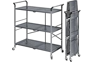 SNTD Foldable Rolling Utility Cart - 3 Tier Collapsible Metal Cart with Wheels Serving Cart for Garage Kitchen, Gray