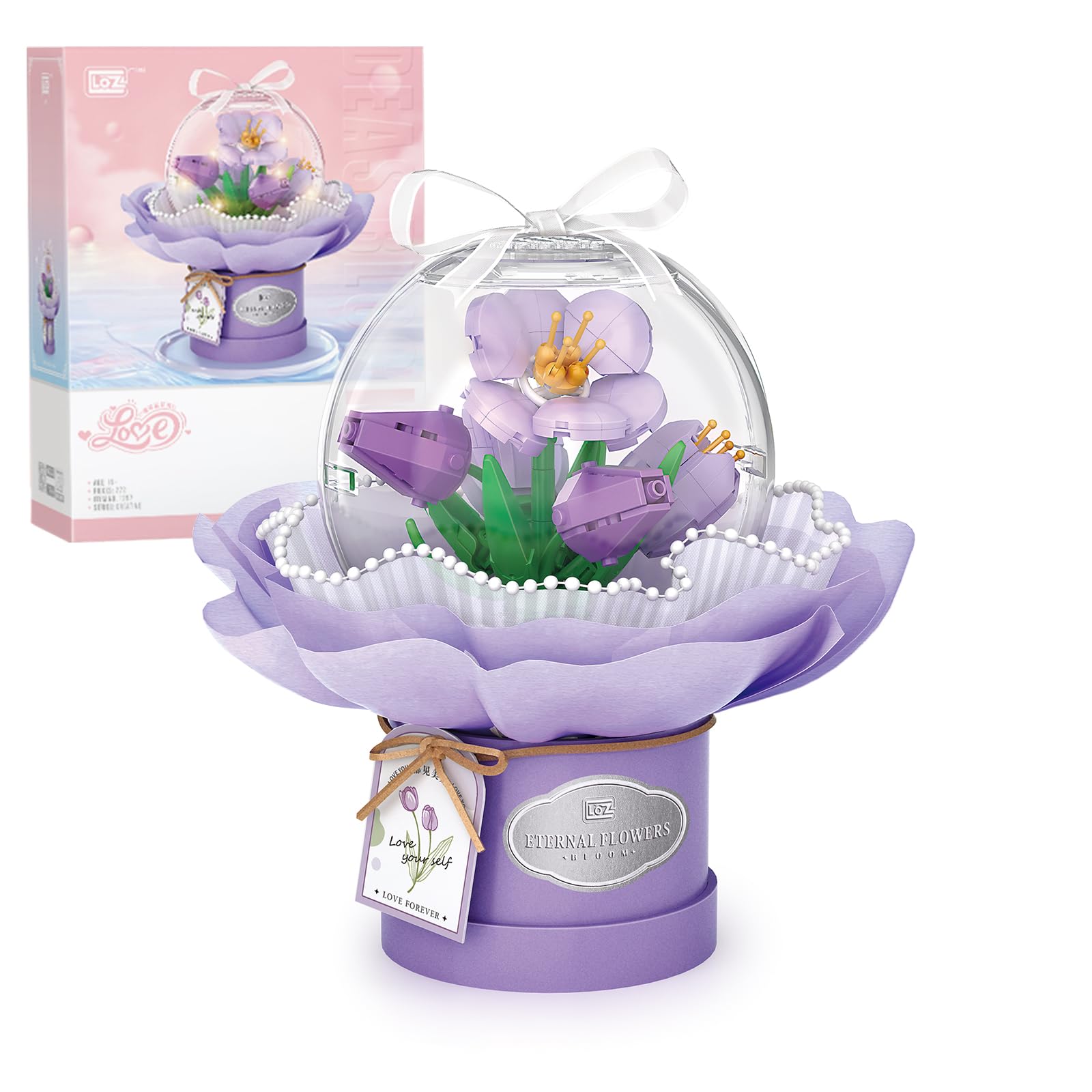 MEIEST Flower Bouquet Building Blocks Set,Simulation Artificial Flower with Dust-Proof Dome for Valentine's Day,Bonsai Plant Building Bricks Toys & Home Decor (Purple Tulip)
