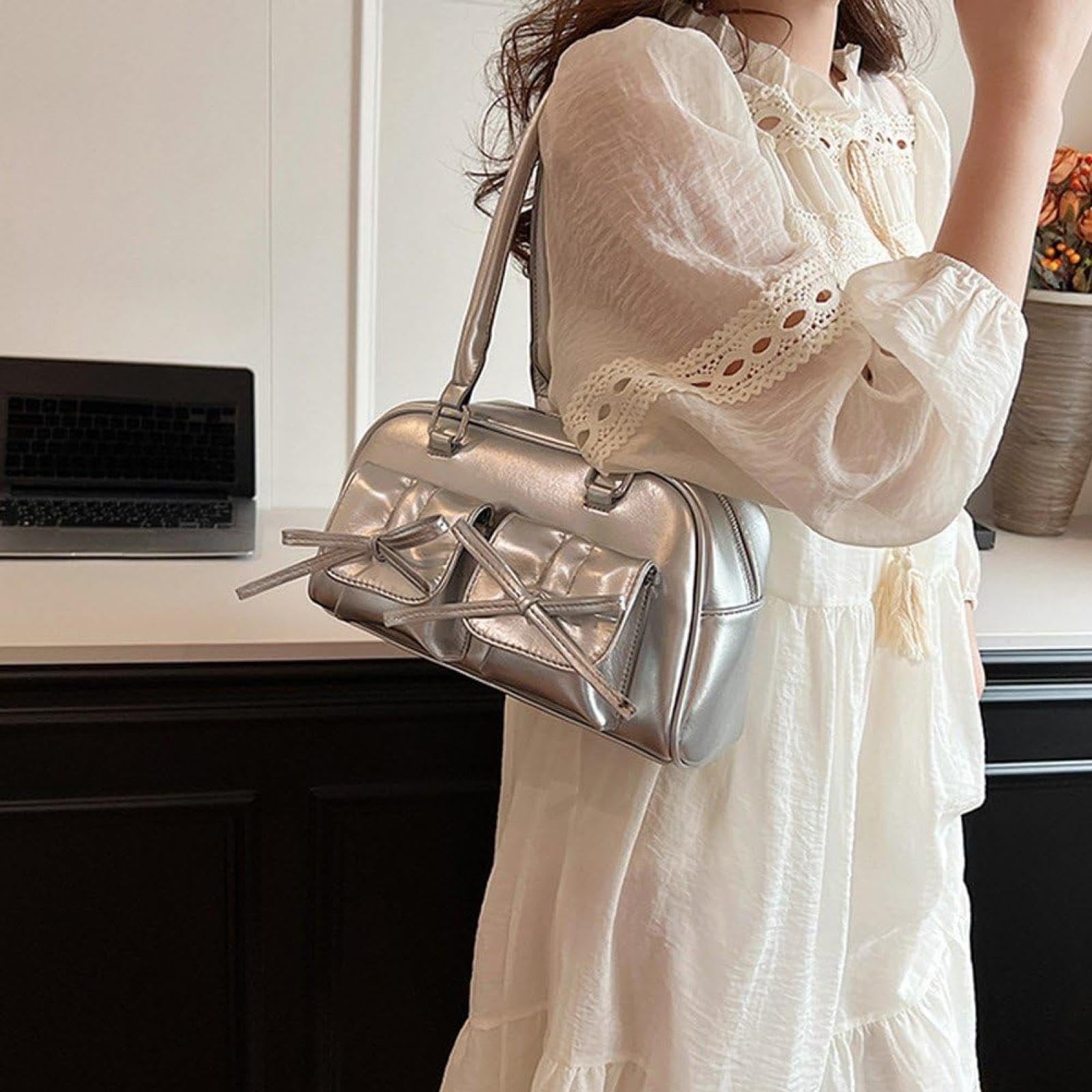 Y2K Women's PU Leather Handbag, Bowknot, Cute, Shoulder Bag, Handbag, Lightweight, Stylish, Silver