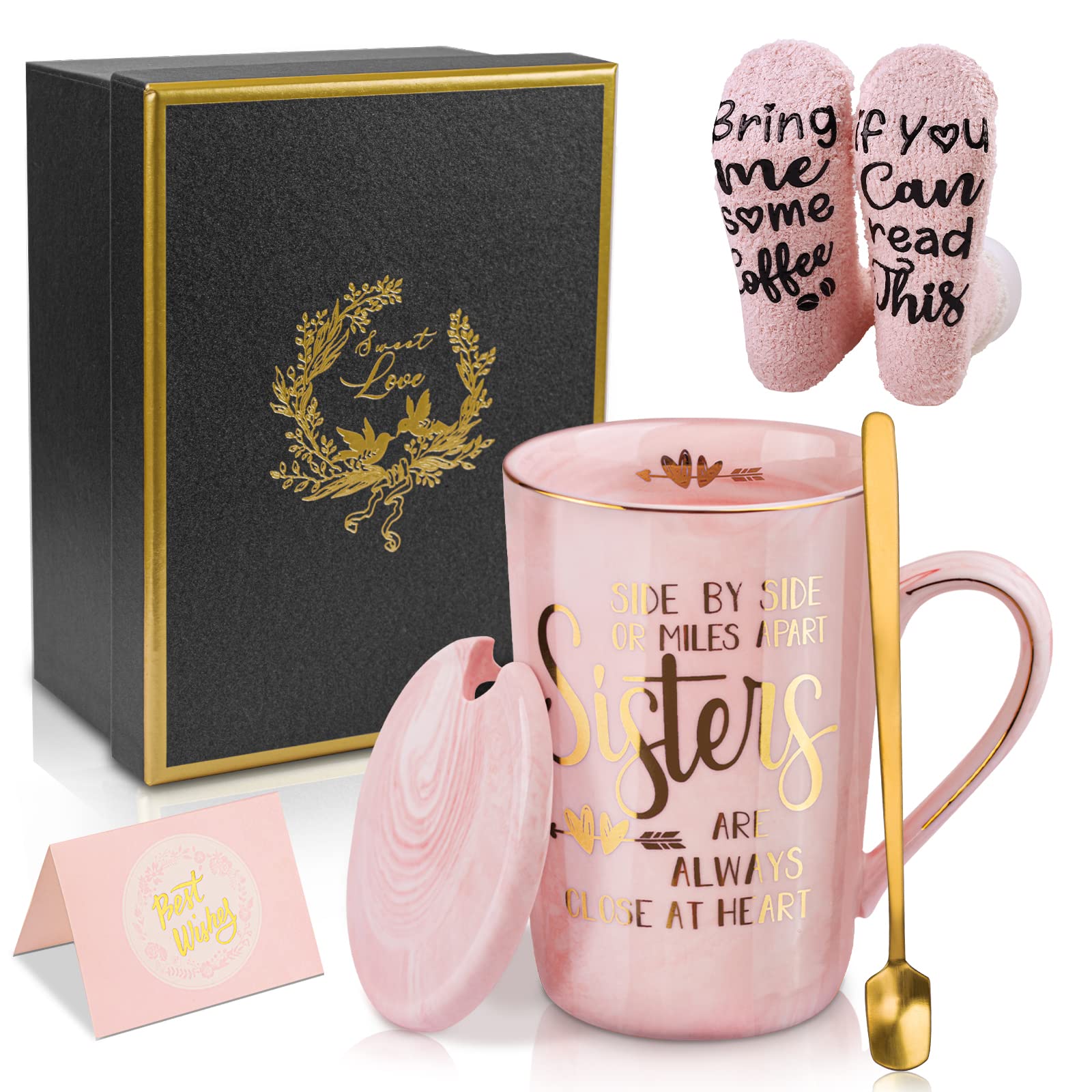 Sister Gifts from Sisters Brother, Sister Birthday Presents - 14oz Personalised Gold Print Ceramic Coffee Mug Gifts Set for Her Big Little Sisters, with Funny Socks Spoon Greeting Card, Gift Boxed