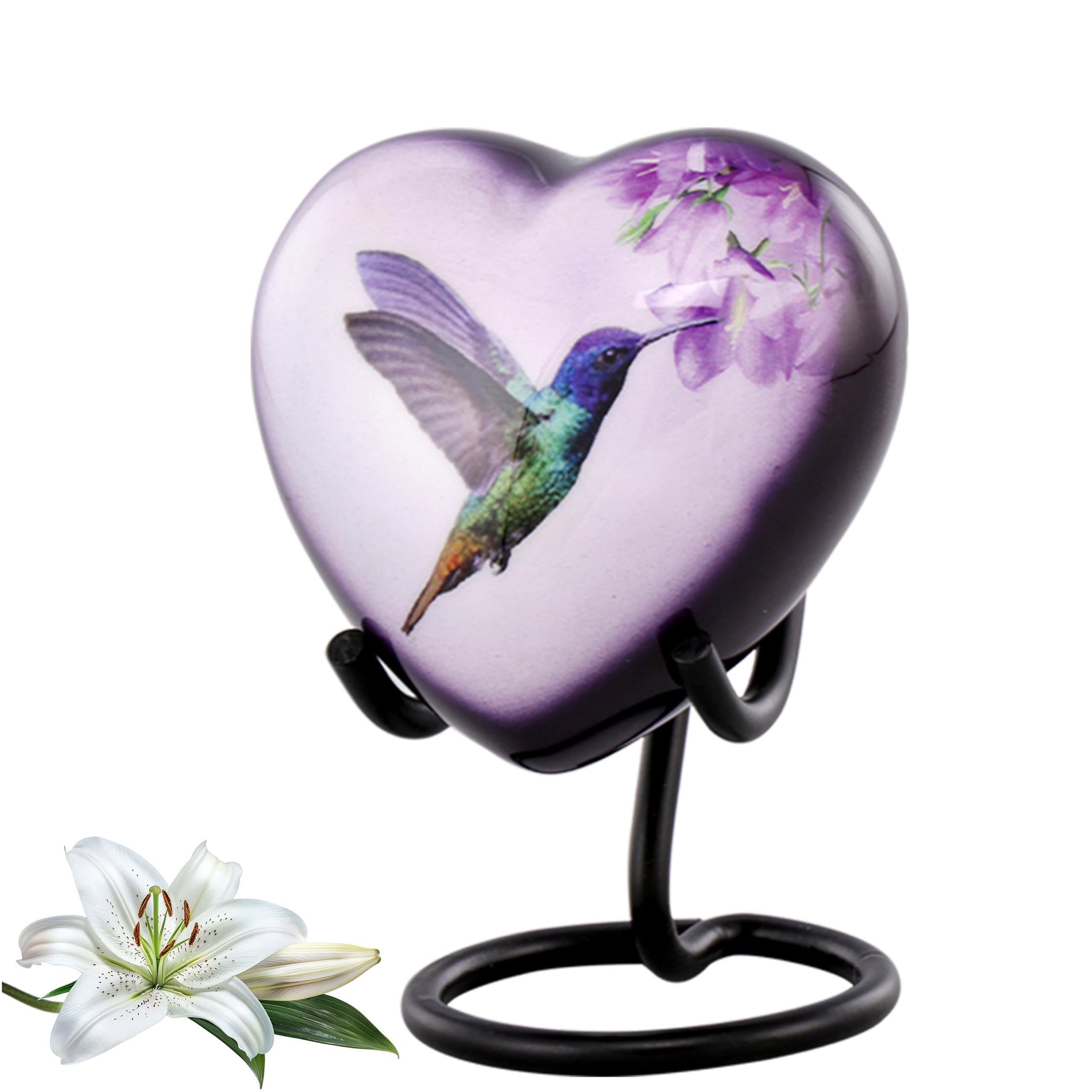 Hummingbird Mini Heart Keepsake Urn with Stand, Velvet Case & Bag