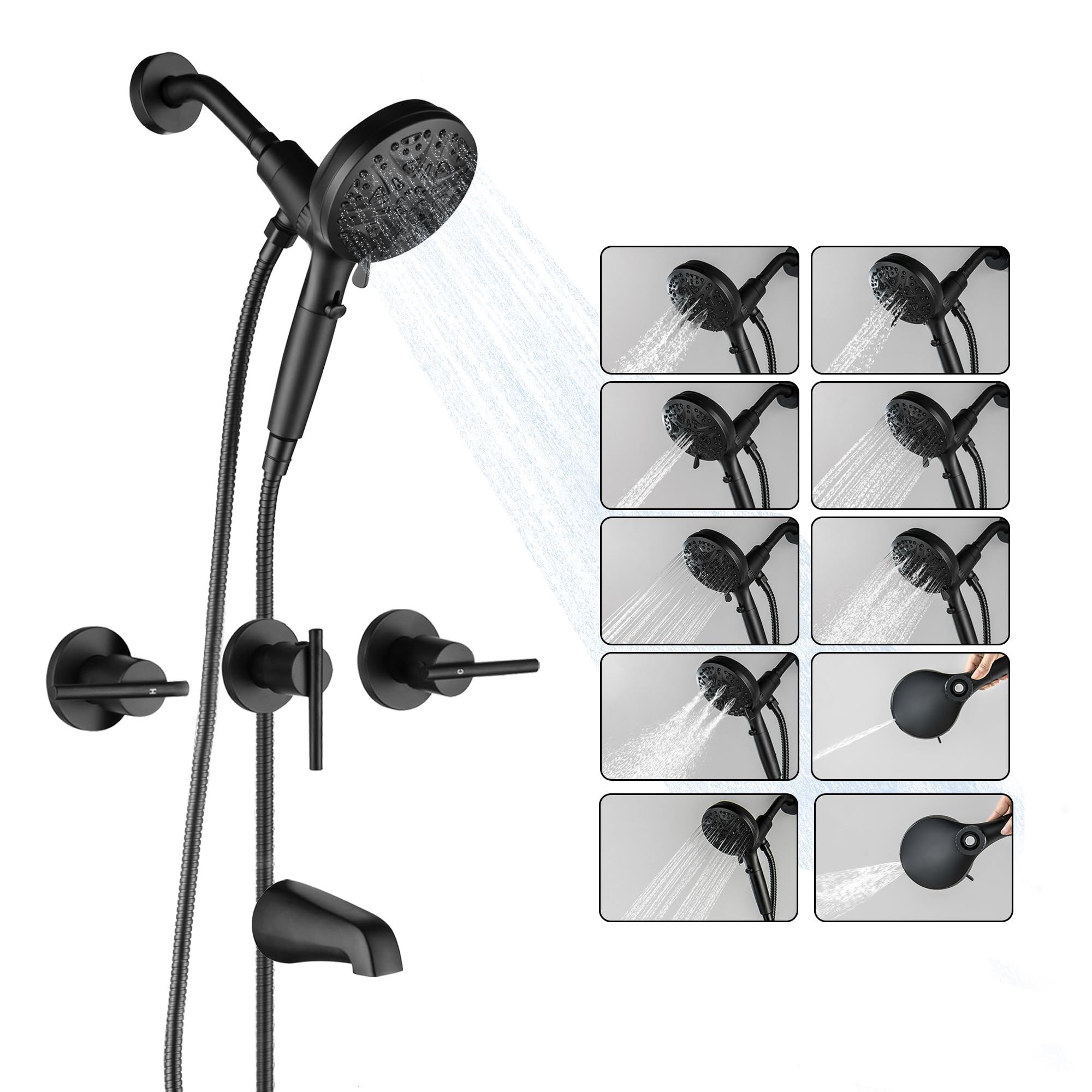 Photo 1 of SUBEIXI 3 Handle Tub Shower Faucet Set Matte Black Magnetic Guidance Docking System High Pressure 10-Spray Handheld Shower, Wall Mounted