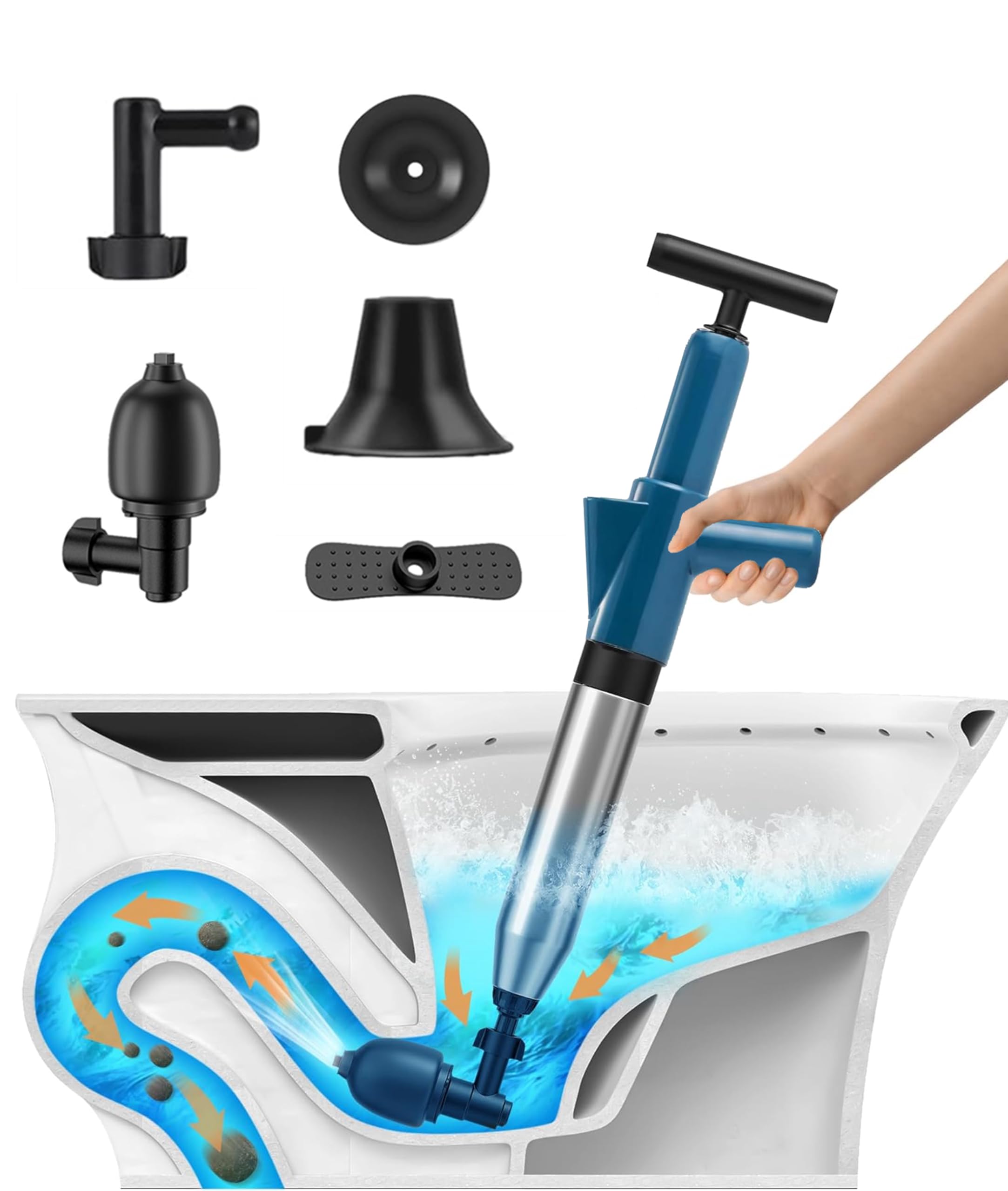 Toilet Plunger, High Pressure Air Drain Blaster Kit, Powerful Manual Pneumatic Dredge Equipment with 4 Replaceable Heads & Visual Barometer, Drain Unblocker for Sink/Bathtub/Floor Drain/Clogged Pipe
