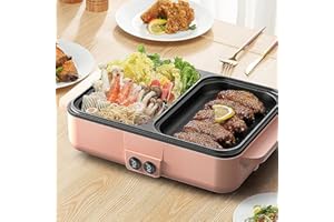 KAICHENYT Hot Pot with Grill, Electric Hot Pot and Frying Pan, Shabu Shabu Pot with Grill, 2 in 1 Indoor NonStick Shabu Shabu Pot and Griddle, Dual Temperature Control, Fast Heating for BBQ Steaks Noodles(Pink)
