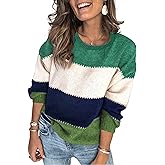Angashion Women's Sweaters Casual Long Sleeve Crewneck Color Block Patchwork Pullover Knit Sweater Tops