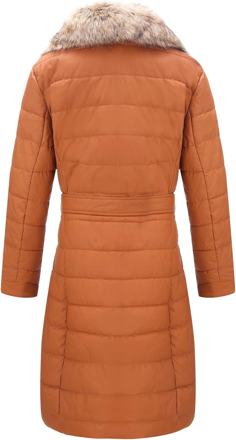 Bellivera Faux Leather Puffer Padding Long Jacket,Women Winter Bubble Coats with Detachable Faux Fur Collar: Clothing