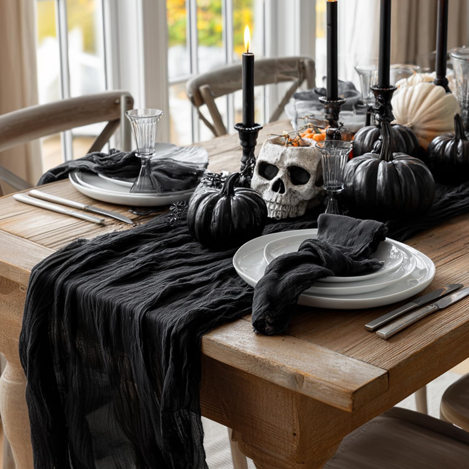 Artoid Mode Boho Black Halloween Gauze Wedding Cheesecloth 300 cm Table Runner, Seasonal Fabric Kitchen Dining Holiday Table Decor for Home Party — image 1