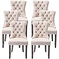 Kiztir Velvet Dining Chairs Set of 6, Upholstered Dining Room Chairs with Ring Pull Trim and Button Back, Luxury Tufted Dining Chairs for Living Room, Bedroom, Kitchen (Beige)