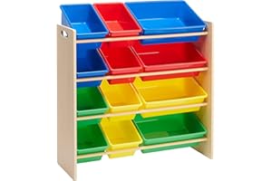 �鶹�� Basics Kids Toy Storage Organizer with 12 Plastic Bins - Natural Wood with Bright Bins