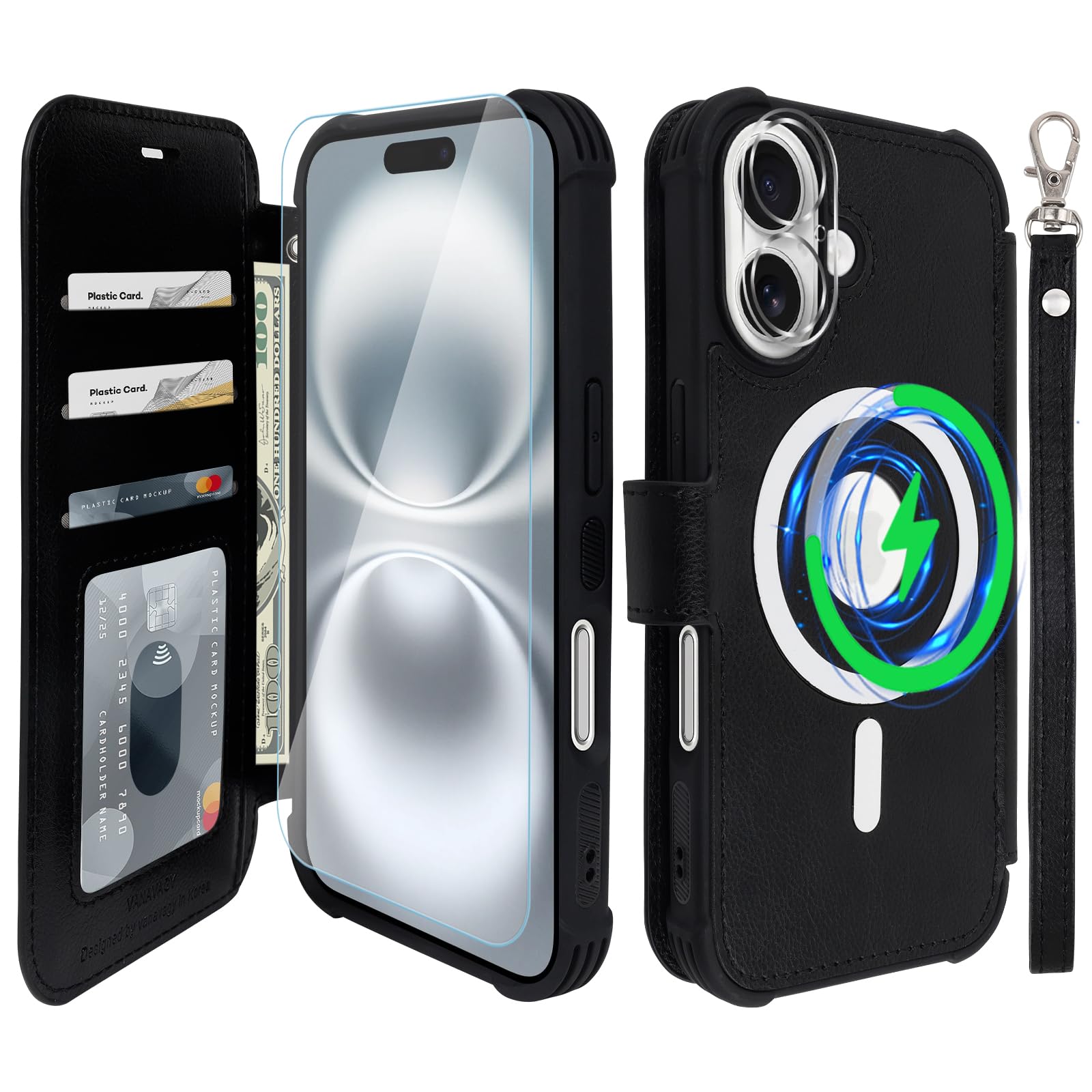 VANAVAGY Compatible for iPhone 16 Wallet Case for Magsafe Wireless Charging,Leather Flip Folio Wrist [Glass Screen Protectors and Camera Lens Protectors]with RFID Block Card Holder,Black