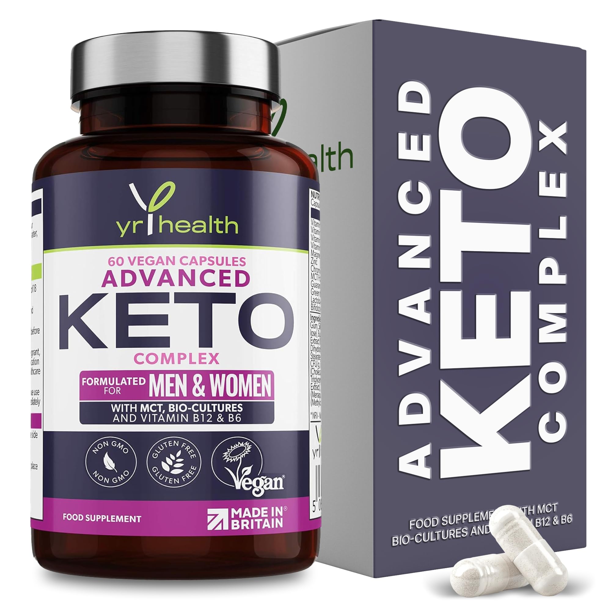 Keto Pills Max Strength Advanced Complex for Men & Women - MCT Oil, Green Tea, Bio-Cultures, Vitamins & Minerals, Carbohydrates & Fatty Acids Metabolism - 60 Vegan Capsules - Made in the UK
