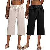 Neer 2 Pack Women's Linen Capri Pants Basics Wide Leg Casual Loose Drawstring Elasticated Beach Capris Pant with Pocket