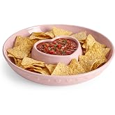 Paris Hilton Chip and Dip Serving Tray, Finely Crafted Stoneware with Heart-Shaped Dipper, Embossed Hearts, Microwave and Dishwasher Safe Stoneware, 12-Inch, Pink