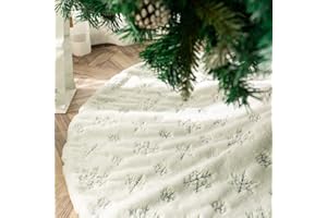 DegGod Plush Christmas Tree Skirts, 36 inches Luxury Snowy White Faux Fur Xmas Tree Base Cover Mat with Silver Snowflakes for Xmas New Year Home Party Decorations