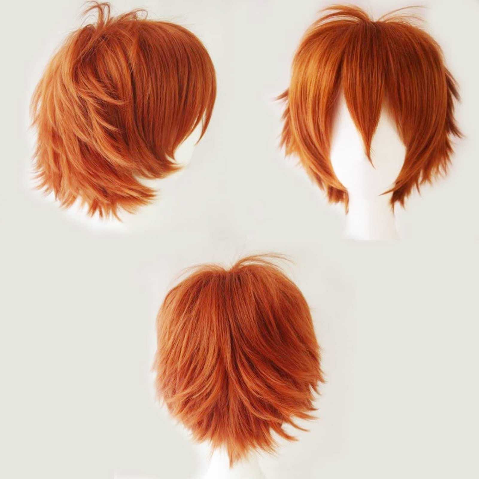 Cybelleza Anime Cosplay Wig, Short Ginger, Synthetic Curly Straight, Layered Fluffy, 135g, Adjustable Cap, Heat Resistant, Unisex