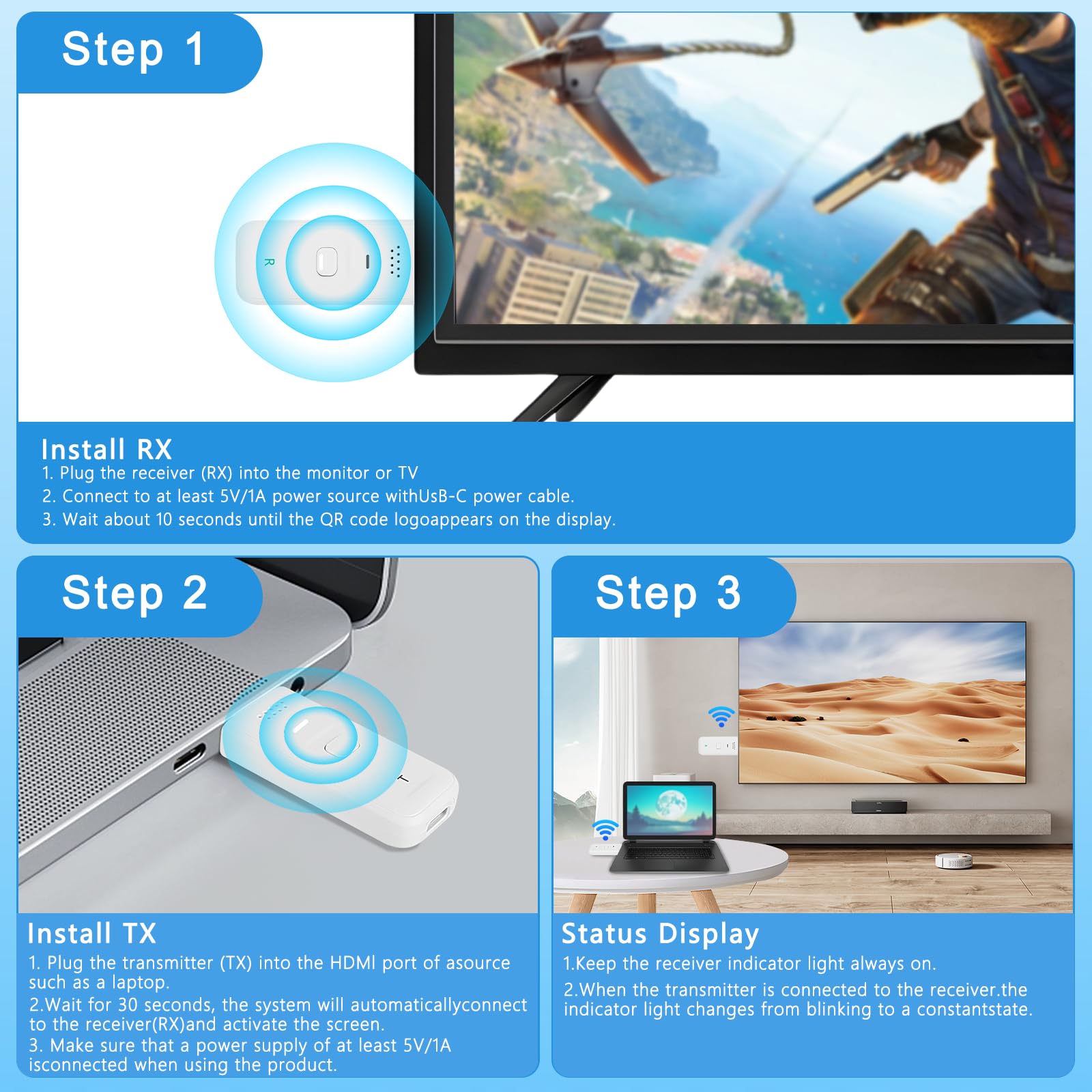 Wireless HDMI Transmitter and Receiver - 4K 60Hz Ultra HD 100ft Range?Zero Latency?Plug & Play Portable HDMI 2.0 Support 2.4/5.8Ghz, for Laptop/Pc/Tv Box/Camera/Projector (White)