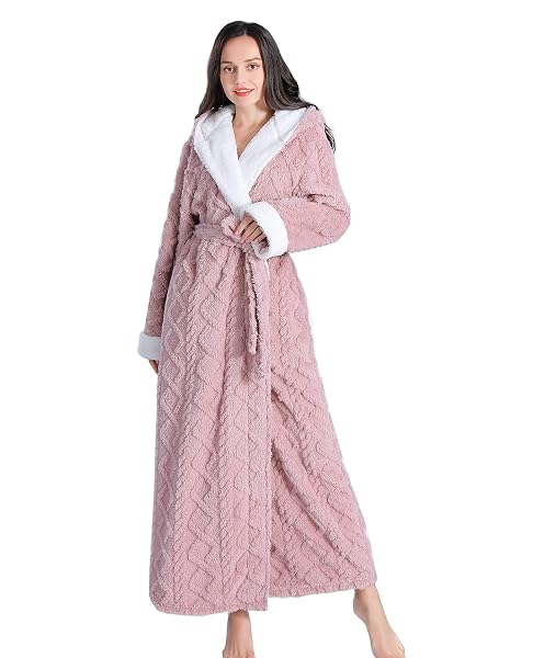 SKILYDIA LONG ROBES FOR WOMEN WITH HOOD,WOMENS PLUSH SOFT WARM ROBES/BATHROBES FOR WINTER (PINK, LARGE)…
