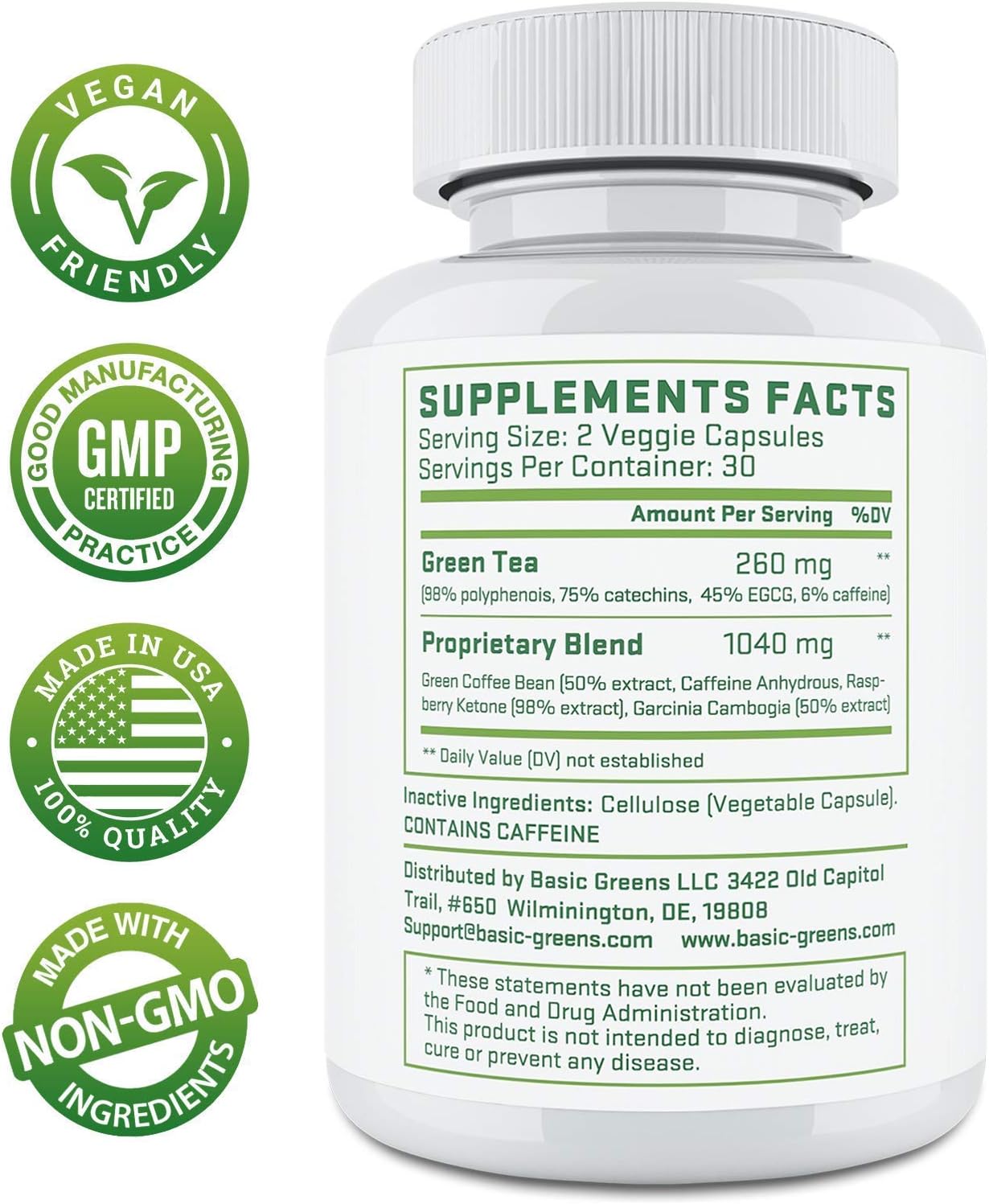 Green Tea Extract Pills for Women & Men - Wite EGCG, Garcinia Cambogia, Green Coffee Bean Energy Support, Antioxidant & Immune Booster Support, for Women & Men- (60 Capsules | 1300mg) by BASIC GREENS: Health & Personal Care