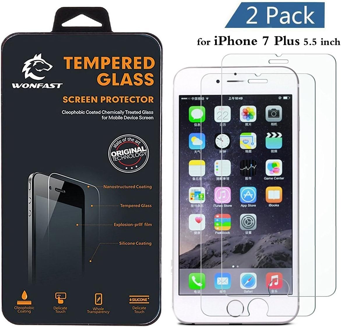 [2 Pack] iPhone 7 Plus Screen Protector,WONFAST Anti-Scratch Bubble-Free/Easy-Installation Clear Tempered Glass Screen Protector Film for iPhone 7 Plus (5.5 inch)
