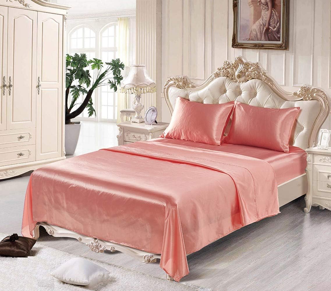 Diydress 4 Pieces Pink Satin Silk Bed Sheets Set Full Size