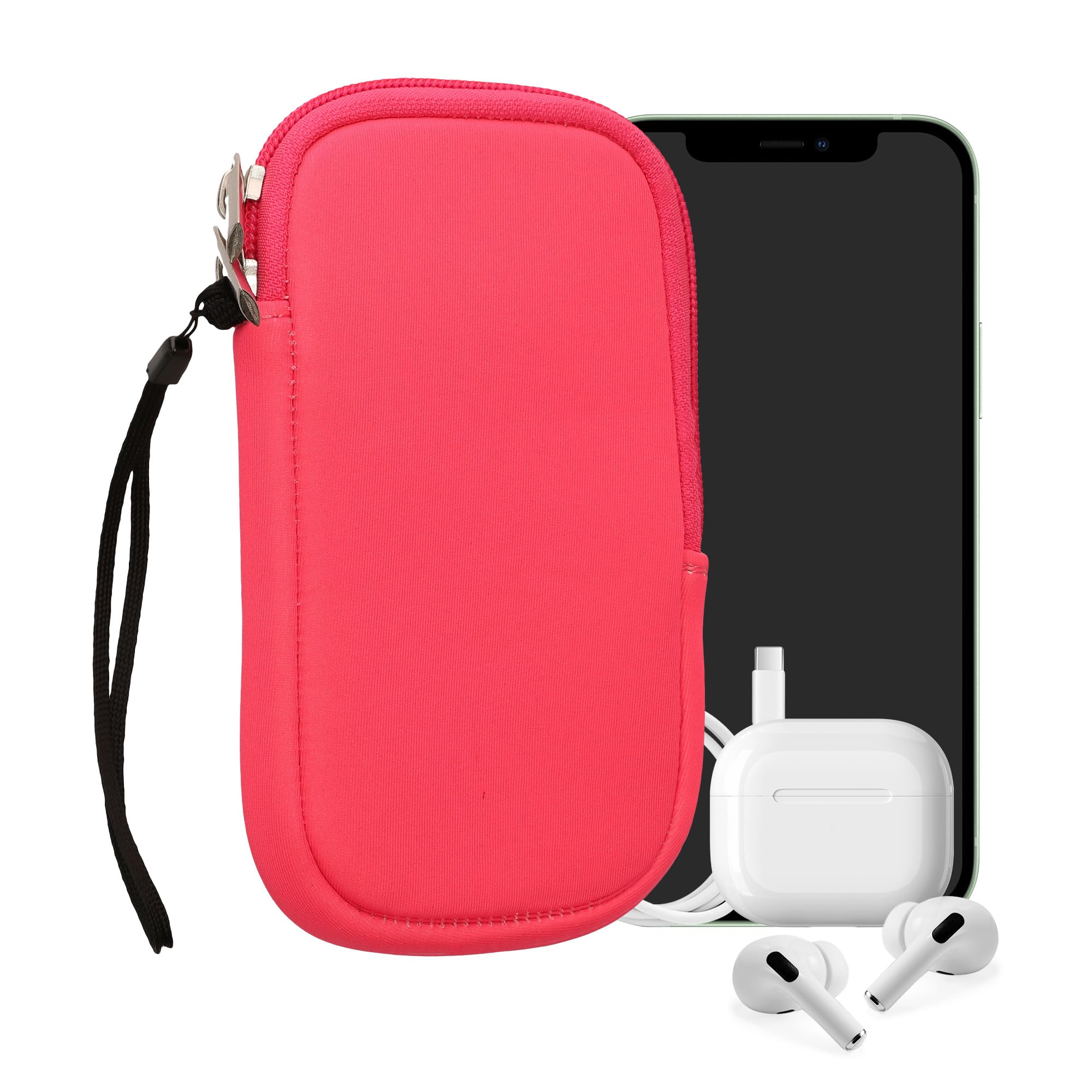 kwmobile Neoprene Phone Pouch Size L - 6.5" - Universal Cell Sleeve Mobile Bag with Zipper, Wrist Strap - Neon Pink