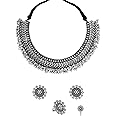 Yellow Chimes Antique Silver Oxidized Ethnic Indian Traditional Leaf Charm Pink Thread Neck Dori Necklace Earrings Jewelry Set
