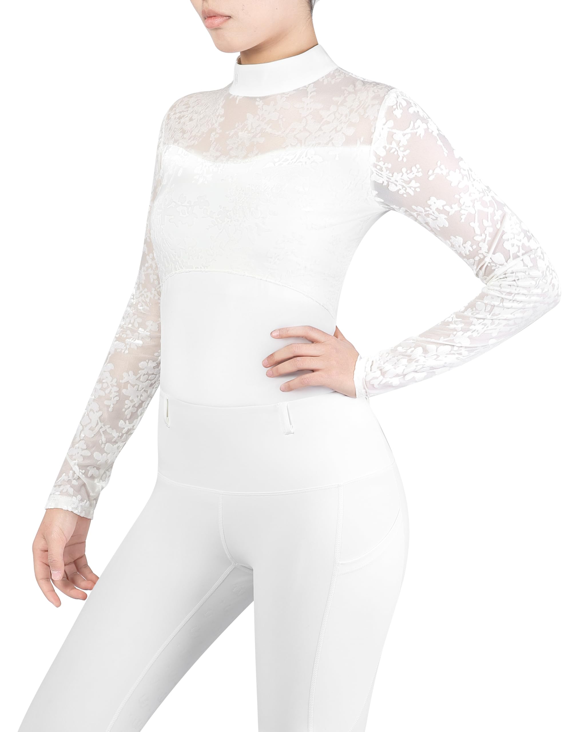 Photo 1 of Harrison Howard Ladies Long Sleeve Equestrian Rider Top with Elegant Patterned Velvet Spliced Design Slim Fit Show Shirt White M
