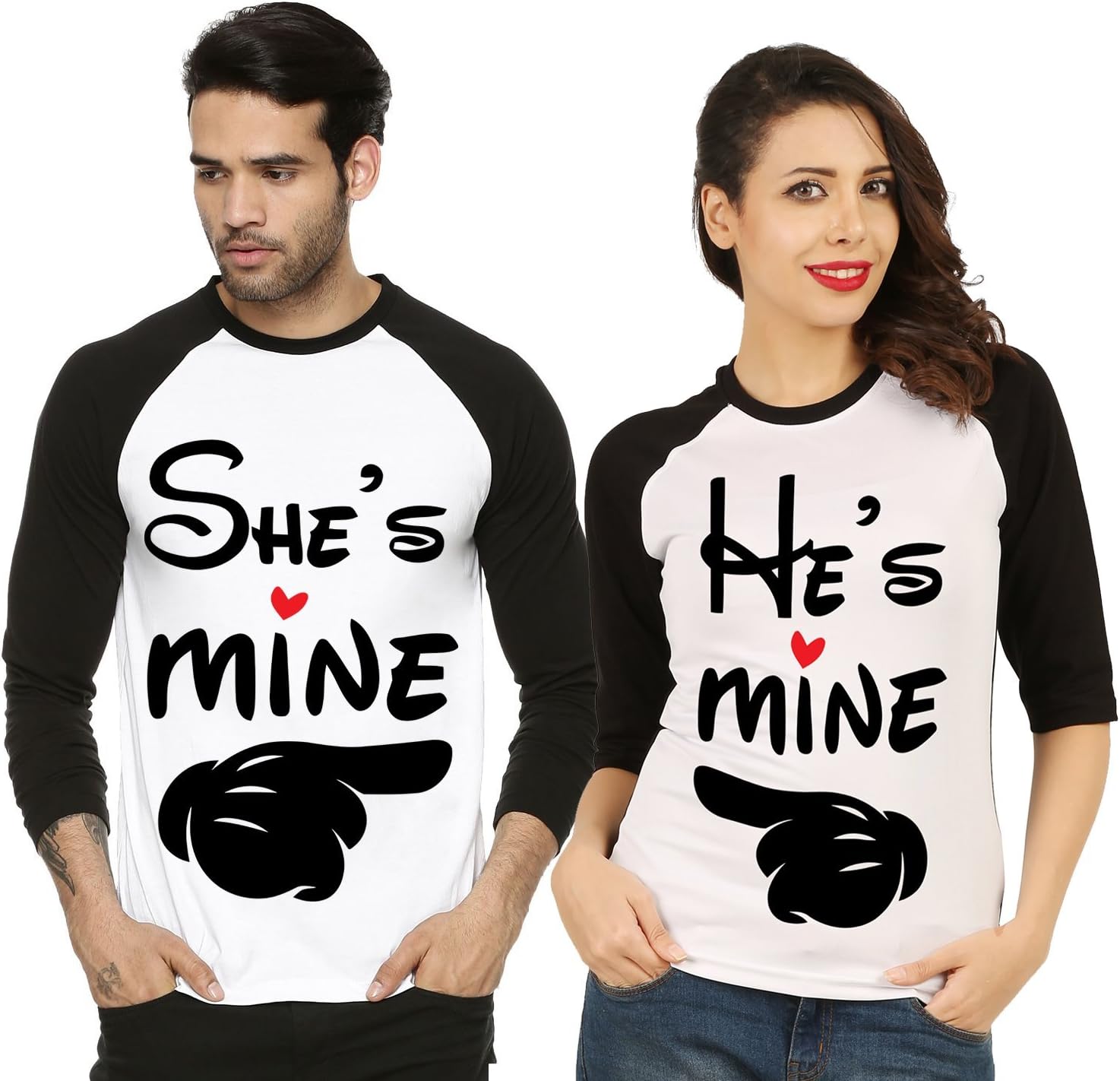 fanideaz Raglan Cotton She's Mine and He's Mine Printed Couple T Shirt (Pack of 2)