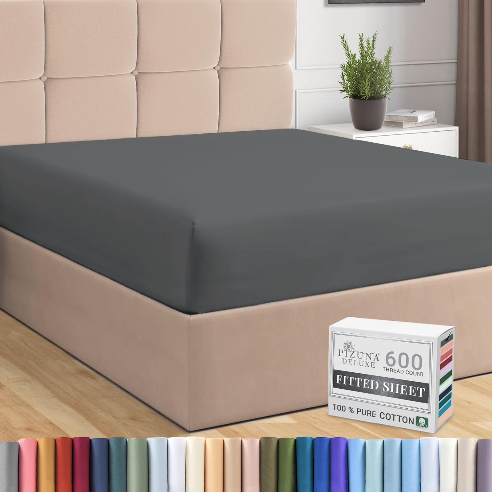 Pizuna Pure Combed Cotton European Single Fitted Sheet Dark Grey, 600 Thread Count 100% Long Staple Cotton Fitted Sheet Single Bed 100 X 200cm, Sateen Weave 40 cm Deep Fitted Sheets 1 PC Dark Grey