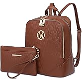 MKP Women's Fashion Medium Backpack Purse Set - 2Pcs PU Leather Shoulder Bag with Double Zipper for Travel and Daily Use