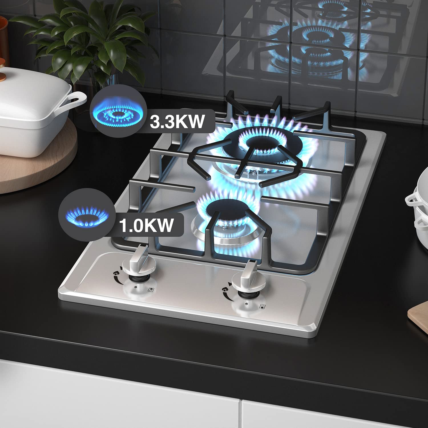 12 Inch 2-Burner Gas Stove: Portable Stainless Steel Propane Cooktop for RV, Apartments & Outdoor – Dual Fuel LPG/NG, Easy to Clean Built-in Gas Cooktop