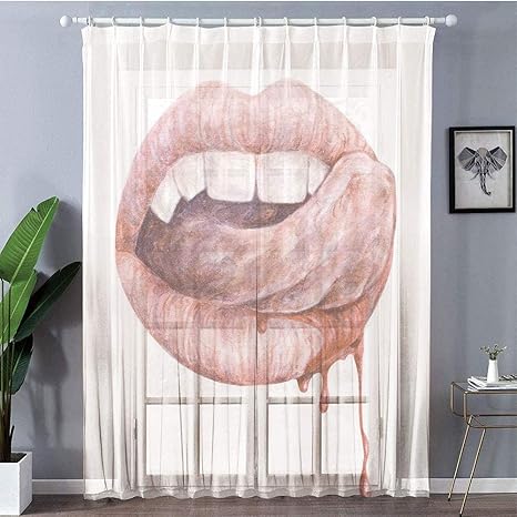 Amazon Oayeos カーテンレース チュール 軽い 可愛い部屋飾り吸血鬼 セクシーな吸血鬼の口をなめる血犬歯味水彩描画アートワーク装飾 赤cor白 エレガント 出窓 目隠し効果 でナチュラル 半透明 フック付き 150 108cm 2枚入り カーテン オンライン通販