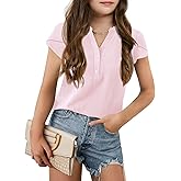 Haloumoning Girls Petal Short Sleeve T Shirts V-Neck Solid Summer Casual Tops for 5-14 Years