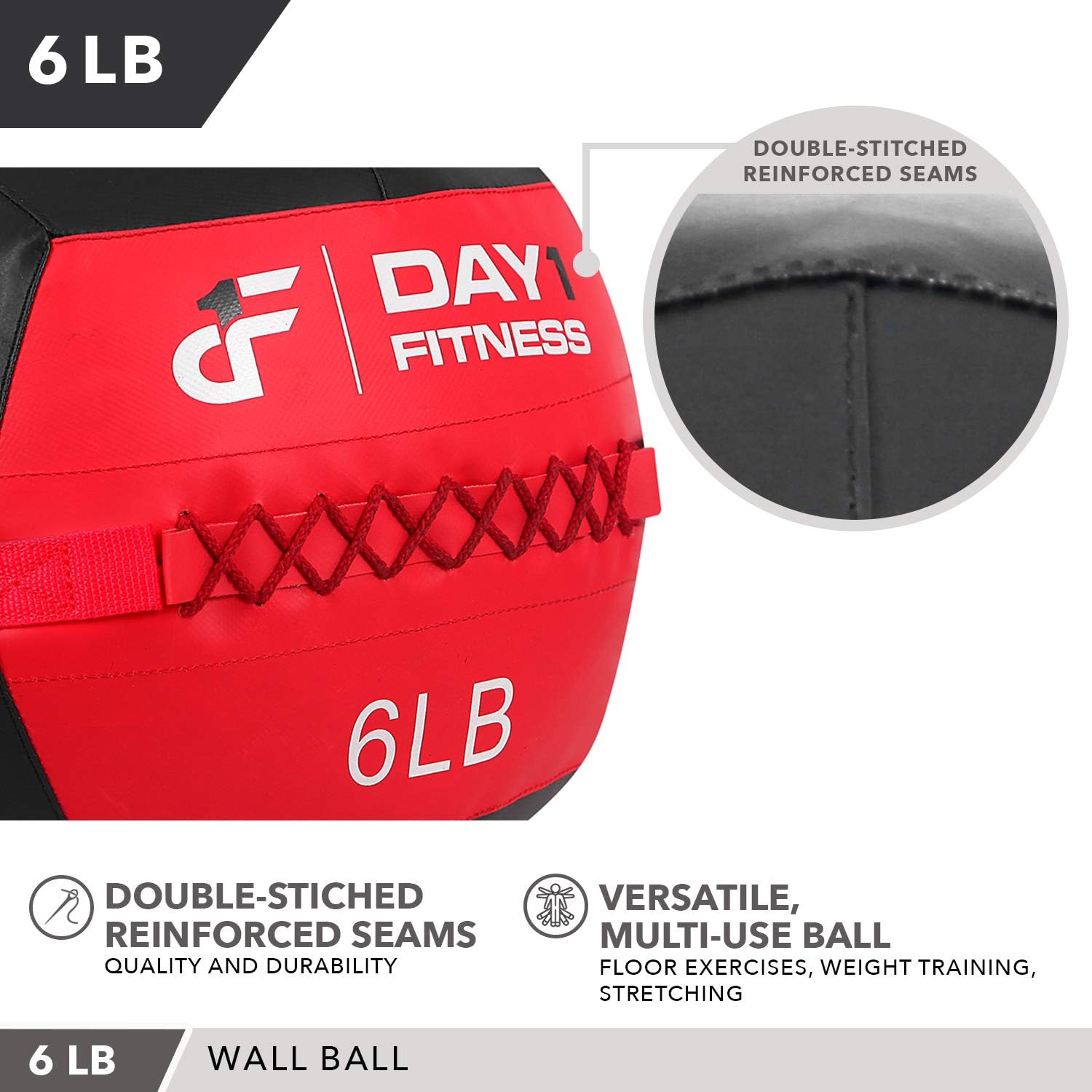 Day 1 Fitness Soft Wall Medicine Ball 6 Pounds RED/BLACK - for Exercise, Rehab, Core Strength, Large Durable Balls for TRX, Floor Exercises, Stretching : Sports & Outdoors