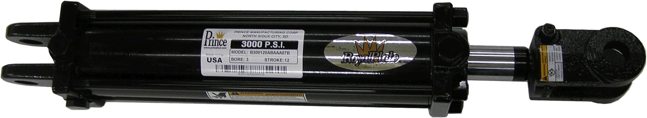 Prince B250060ABAAA07B Double-Acting Tie-Rod Hydraulic Cylinder, Clevis Mounting, Painted, 2-1/2" Bore, 6" Stroke, 1-1/4" Rod Diameter, 3/4"-16 Thread, #8 SAE Port