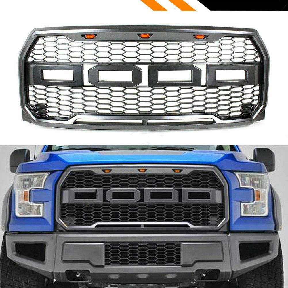 Fit 2015-2017 Ford F-150 F150 Grille Raptor Style Conversion Grill W/F R/Amber LED (15-17 Matte GRAY)