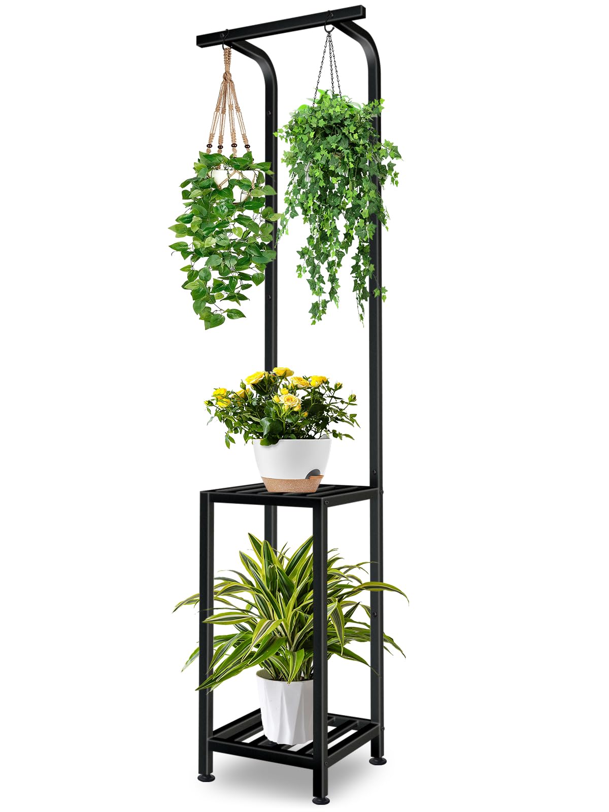 Photo 1 of LLAXERGU Plant Stand Indoor Outdoor, 65" Tall Plant Stand Outdoor 3 Tiered Hanging Plant Shelf Heavy Duty Flower Stand Multiple Plant Metal Display Rack for Living Room Garden Balcony