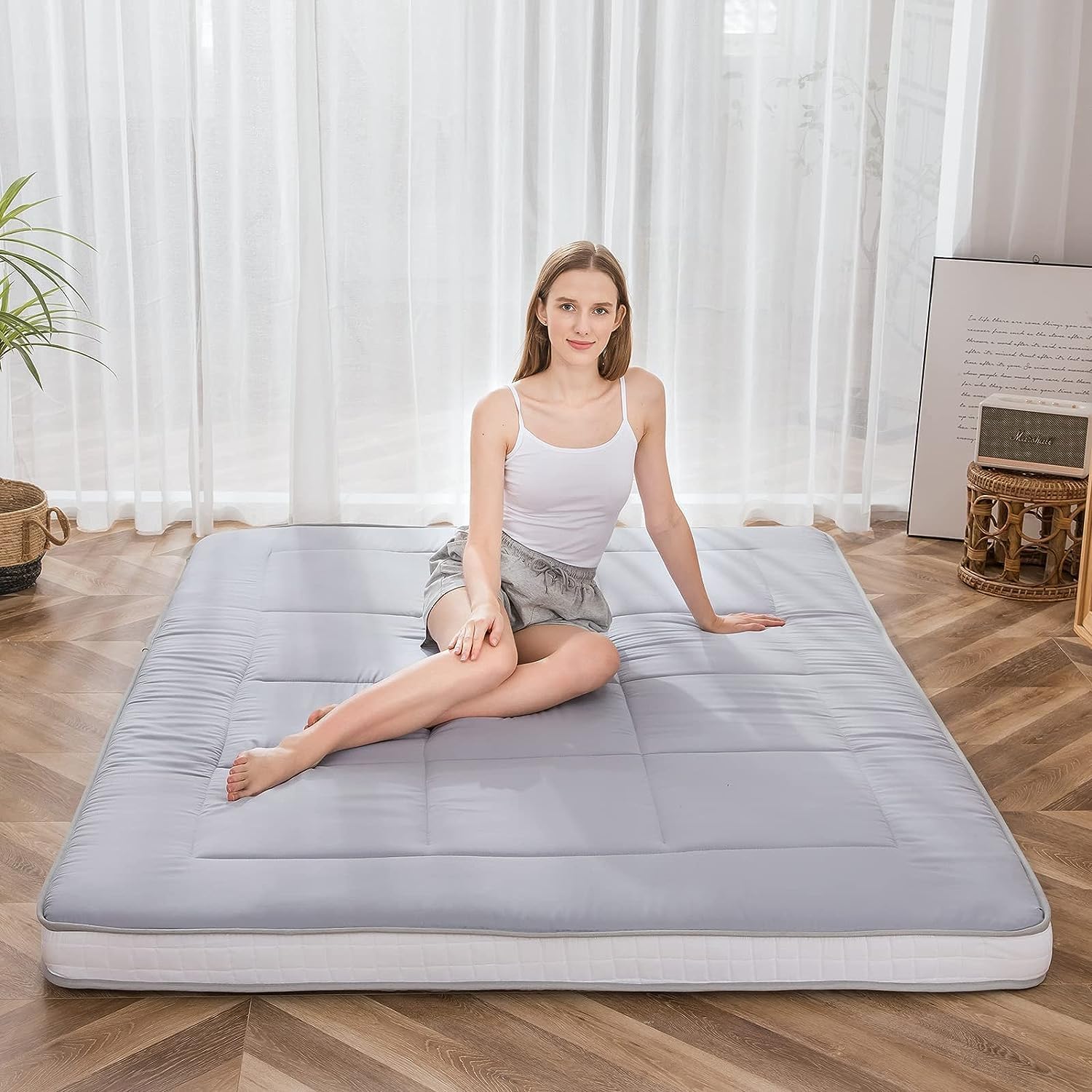 Photo 1 of ***USED//Damaged Box*** MAXYOYO King Futon Mattress Foam Mattress Topper, Japanese Floor Mattress Foldable Mattress Futon Bed Mattress Pad Guest Bed Mattress, Extra Thick Folding Floor Couch for Adults, Grey King Floor Bed