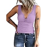 HERILIOS Women's Tank Tops Ribbed V Neck Sleeveless T Shirts Summer Slim Fitted Basic Tee Tops Crew Neck Cami Shirt