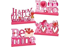 TETCUICAN 4Pcs Valentines Day Decorations, Happy Valentines Day Wooden Table Centerpieces, XOXO Be Mine Valentines Day Table Decorations, Valentine Decorations for Home, Valentines Day Gifts