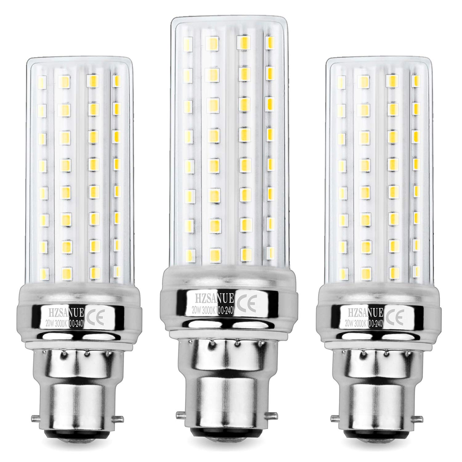 HZSANUE LED Corn Bulbs 20W, 150W Incandescent Bulbs Equivalent, 2300Lm, 3000K Warm White, B22 Bayonet Cap, Pack of 3
