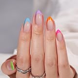 BTArtbox Press On Nails Short French Tip Almond 30Pcs 15 Sizes Neon Rainbow view 2