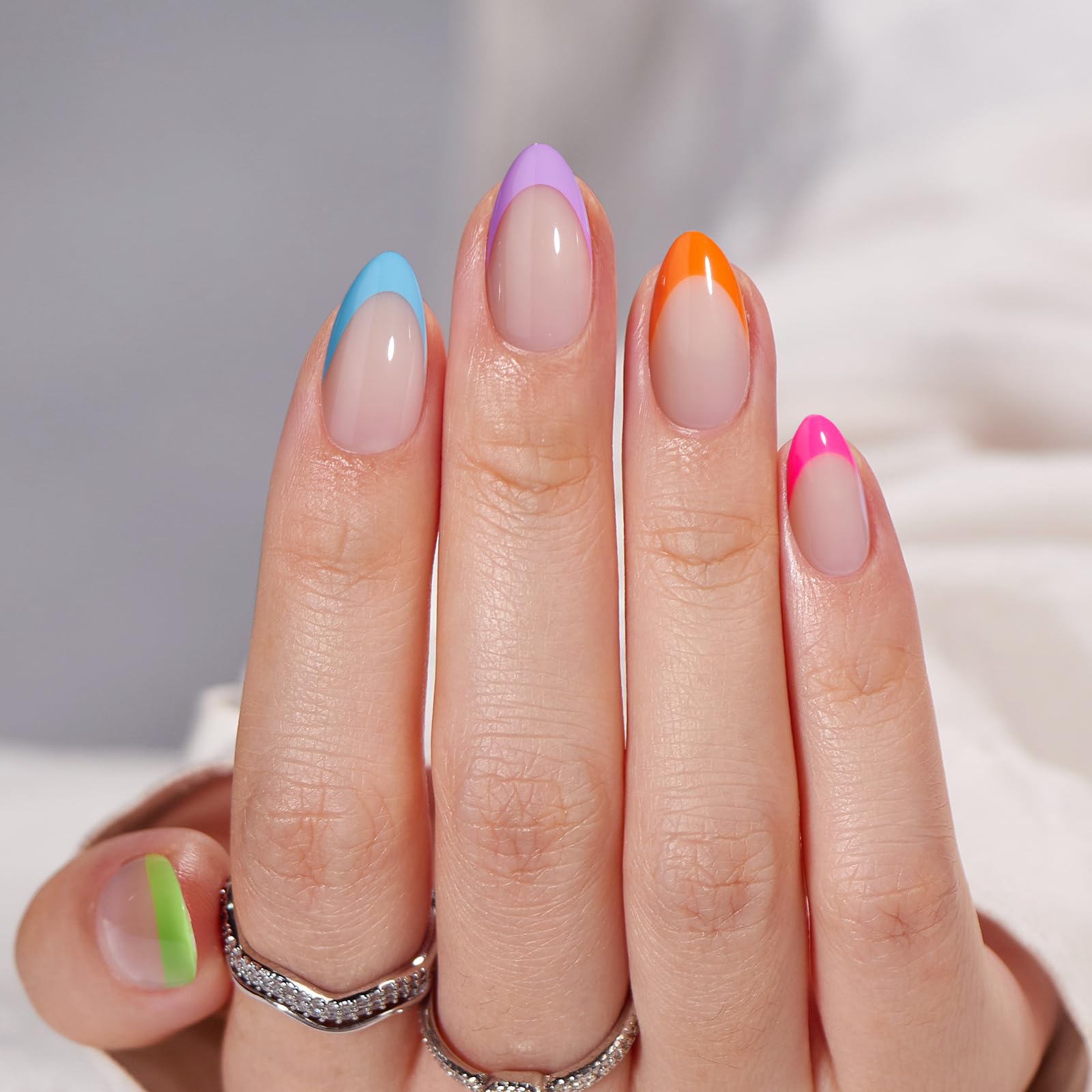 BTArtbox Press On Nails Short - Soft Gel French Tip Press On Nails, Colorful Almond Glue On Nails with Nail Glue, Reusable Stick On Nails in 16 Sizes, Neon Rainbow French - Image 2