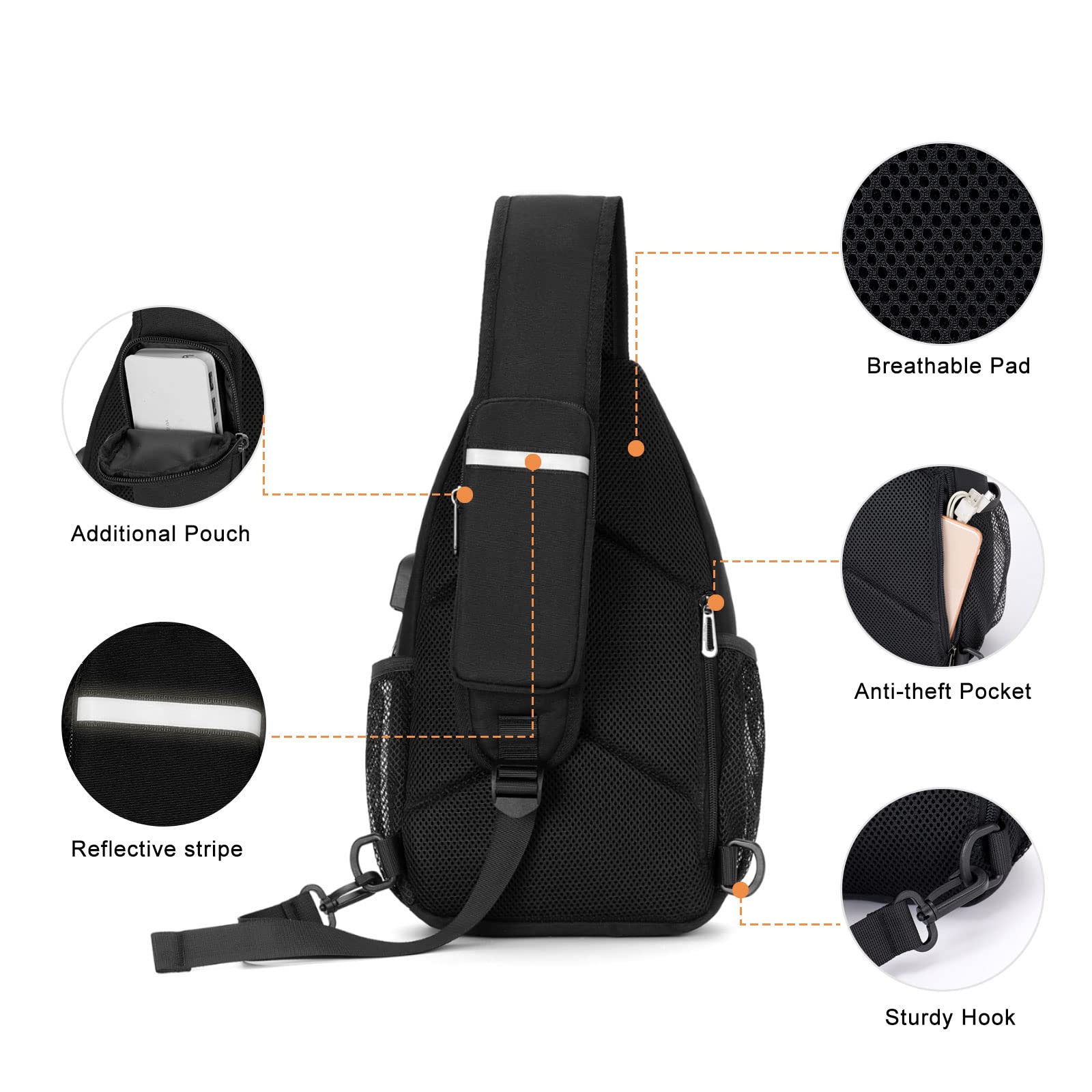 MOSISO Sling Backpack Bag, Crossbody Shoulder Bag Travel Hiking Daypack Chest Bag with Front Square Pocket&USB Charging Port