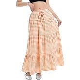 winkbay Women's Plaid Tiered Ruffle Skirt Boho Drawstring A Line Flowy Maxi Skirts Beach Vacation Clothes
