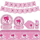 GalaHub 194 Pcs Pink Princess Party Supplies Kit for 24 Guests - Disposable Tableware Set with Plates Napkins Cups Cutlery Tablecloth & Banner, Ideal for Girls' Birthday Decorations