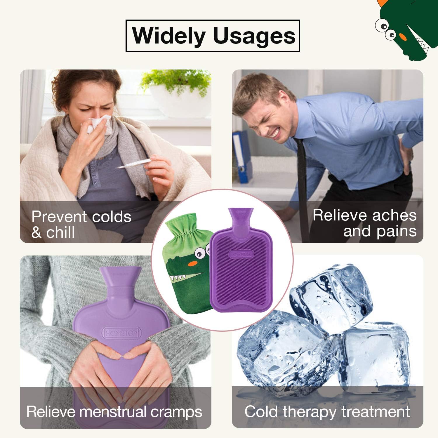 HomeTop Premium 2 Liter Classic Rubber Hot Water Bottle w/Cute Crocodile Fleece Cover (2L, Purple): Health & Personal Care