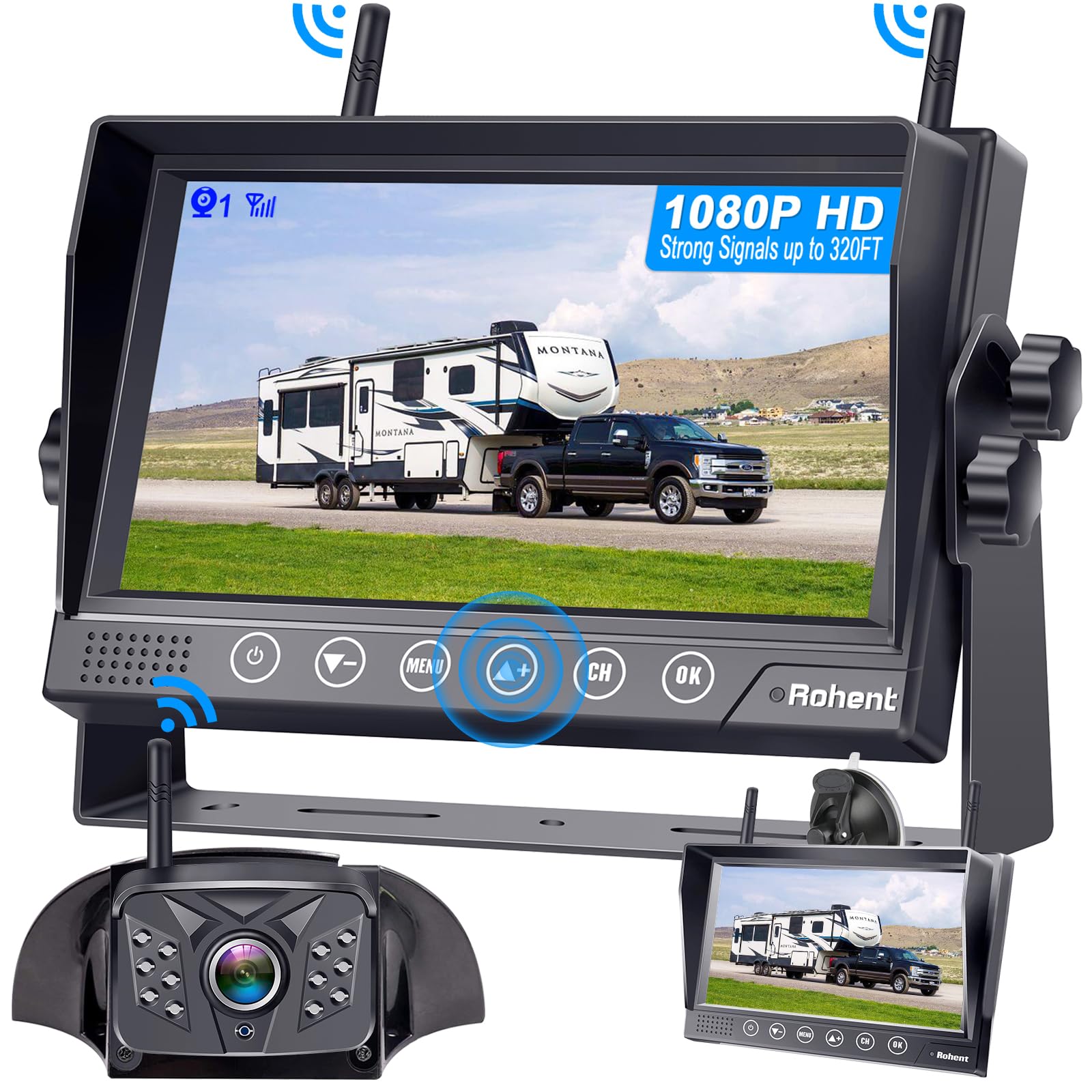 Wireless Reversing Camera HD 1080P Waterproof Dual Antennas Digital Signals Rear View System for Trailers Trucks Motorhomes 4 Channels 7'' Touch Key DVR Monitoring Night Vision Rohent R12